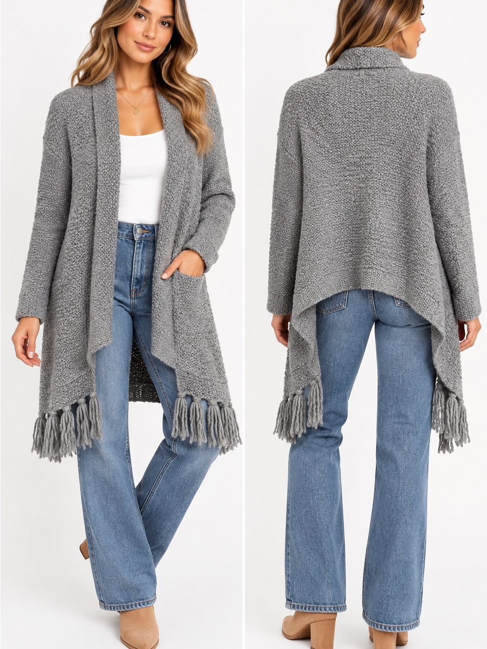 ECI New York Gray Boucle Fringe Open Front Cardigan Sweater Boho Cozy. Size XL